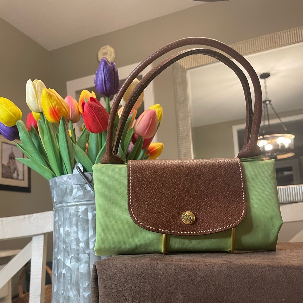 Longchamp Green and Brown Le Pliage Tote Bag Lightweight and Foldable - Picture 2 of 13